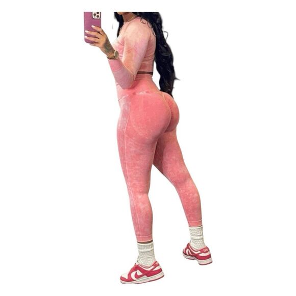 Sugar Popped Extreme Lift  Athletic Set Legging Crop Top Berry Pink Stretch Knit - Picture 7 of 9